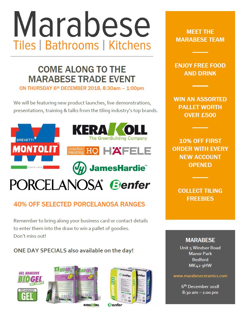 Marabese Ceramics (@marabeseceramic) on Twitter photo Come to #Marabese #Bedford on Thursday 6th December for new product launches, demos, one-day deals and lots of freebies. Complimentary refreshments included! <a href="/BrevetiMontolit/">Brevetti Montolit</a>, <a href="/KerakollUK/">Kerakoll UK</a>, <a href="/UFHhq/">Underfloor HeatingHQ</a>, <a href="/HafeleUK/">Häfele UK Ltd</a>, <a href="/JamesHardieUK/">James Hardie UK</a>, <a href="/Porcelanosa_EN/">Porcelanosa Group</a>, @BenferSchomburg Come to #Marabese #Bedford on Thursday 6th December for new product launches, demos, one-day deals and lots of freebies. Complimentary refreshments included! <a href="/BrevetiMontolit/">Brevetti Montolit</a>, <a href="/KerakollUK/">Kerakoll UK</a>, <a href="/UFHhq/">Underfloor HeatingHQ</a>, <a href="/HafeleUK/">Häfele UK Ltd</a>, <a href="/JamesHardieUK/">James Hardie UK</a>, <a href="/Porcelanosa_EN/">Porcelanosa Group</a>, @BenferSchomburg