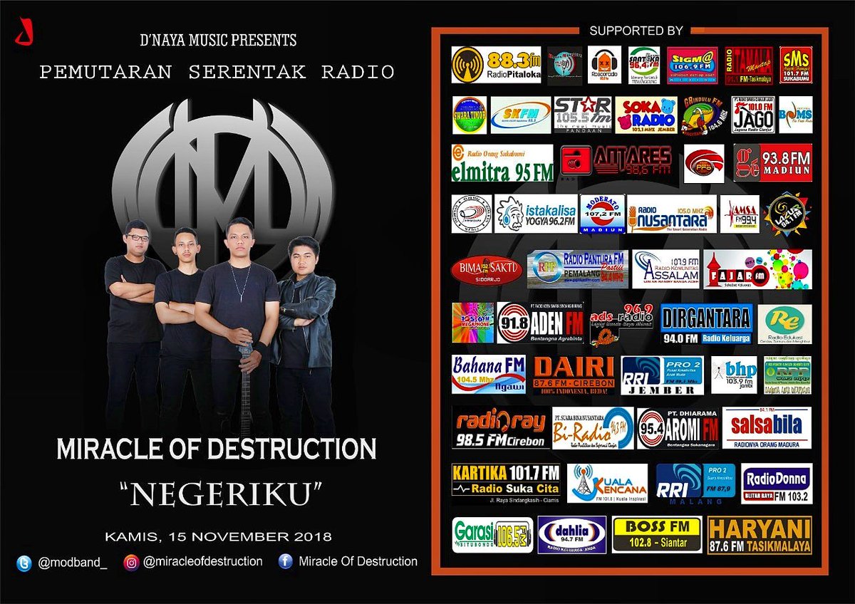 modband_'s tweet photo. Hey gaes....Pemutaran serentak radio single M.O.D - NEGERIKU bakal segera digelar besok kamis.. Pantengin n request terus di radio2 seluruh Indonesia.. .nuwun.. π
.
.
.
.
#modnegeriku #miracleofdestruction #dnayamusic #pemutaranserentak #radioindonesia #indiemusic #indielabel https://t.co/Ni2PcJUkIN