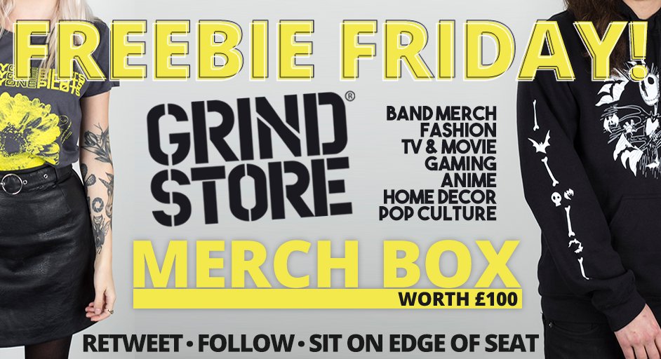 grindstore's tweet photo. Yes yes yes, it's that time again... 
Win a Grindstore merch box worth £100! 

Everything from band merch &amp; pop culture to alternative fashion &amp; homeware... 

Retweet &amp; Follow for your chance to win! 
Last entry midnight 18th Nov. 

#FreebieFriday #Competition #Win https://t.co/jElleoDYDQ