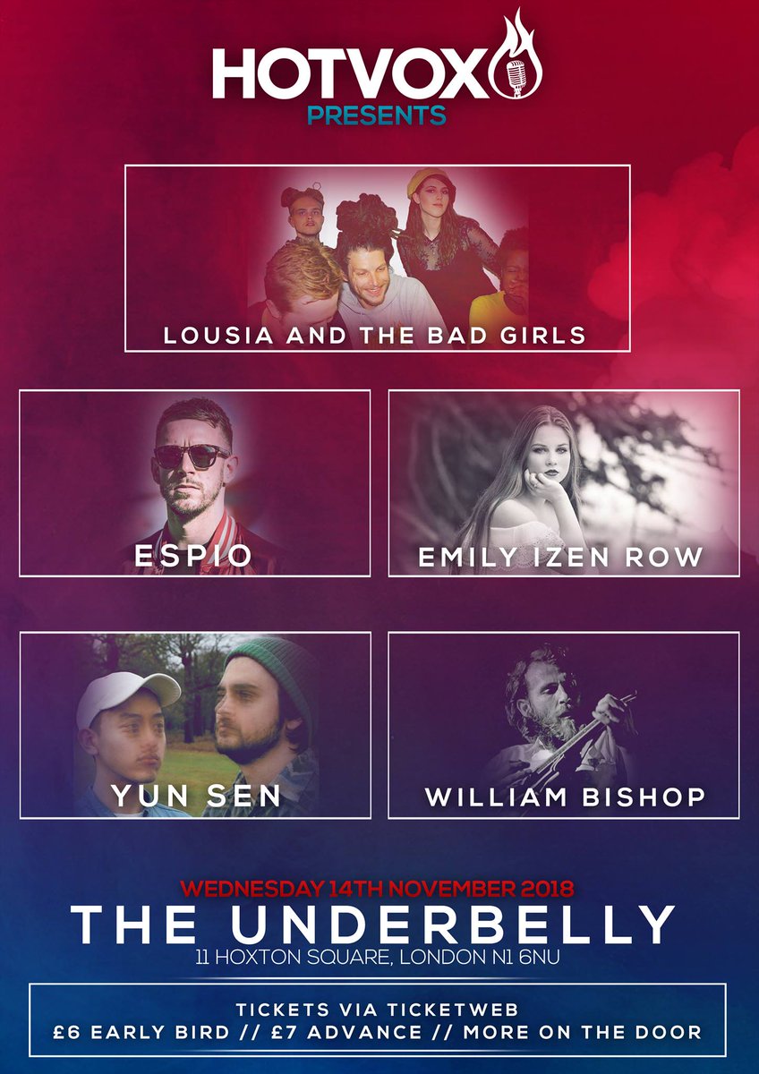 TONIGHT!!!

Join us at <a href="/zigfridhoxton/">Zigfrid v Underbelly</a> for a fantastic night of live music from Louisa And The Bad Girls // ESPIO // @izen_row // <a href="/YUNSENmusic/">YUN SEN</a> // @WillBishopMusic 

#livemusic