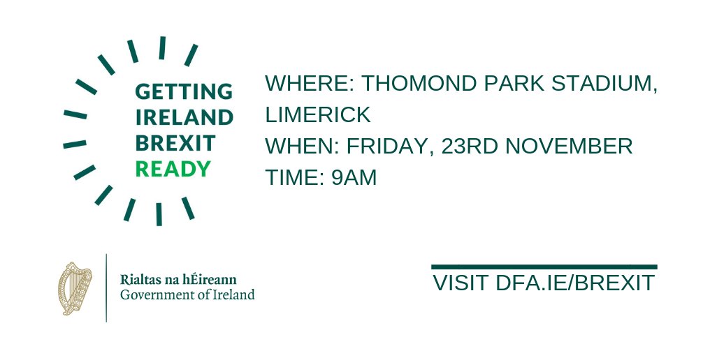 BrexitReadyIRL's tweet image. The next Getting Ireland #BrexitReady event will take place in Limerick next week

If you are involved in an SME, the agrifood/fisheries sector, or tourism register to attend this FREE event at: bit.ly/2OJyMuL

📍Thomond Park Stadium, Limerick
🗓️Friday, 23 November
⏰9am