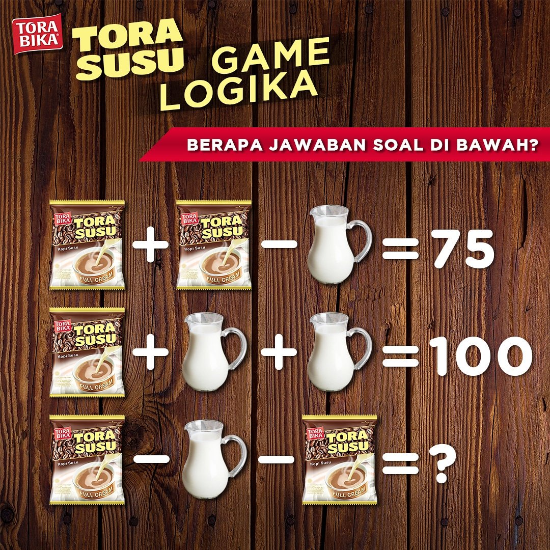 Sobat, isitirahat sejenak dari pekerjaan dan jawab games di atas dengan menikmati kopi Torabika Susu yuk!
Tulis jawaban kamu di kolom komentar ya.
Torabika sepenuh hati untuk pecinta kopi.
#Torabika
#ToraSusu https://t.co/TBuuYa5VPf