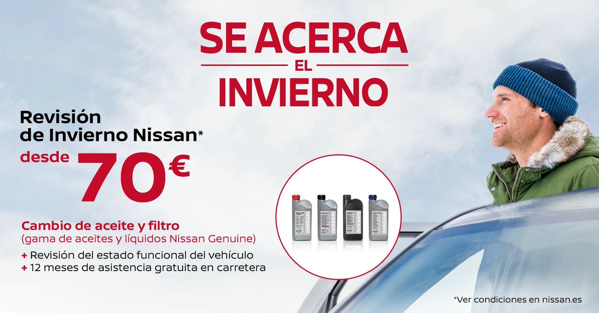 Prepara el invierno ❄ de tu #Nissan: realiza la REVISIÓN 🔧 de tu coche en tu Servicio Oficial Nissan desde 70 €. #Qashqai #XTrail #Juke #Micra
Más info ➡ http://bit.ly/2yZbPPs