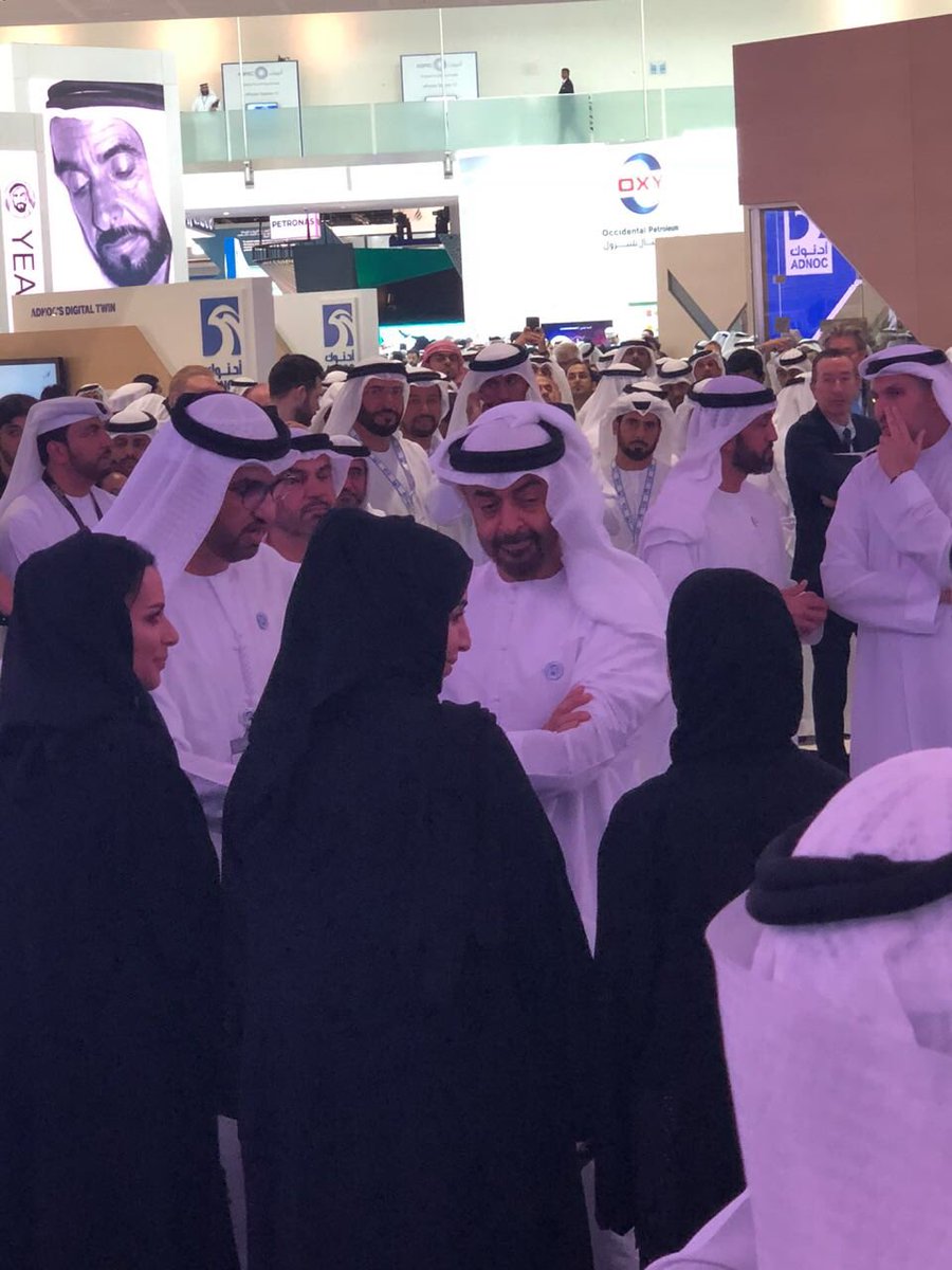 MrBluette's tweet photo. HH Sheikh Mohamed Bin Zayed with our ADNOC Group CEO HE Dr. Sultan AlJaber in #ADNOC Booth #adipec2018 @ADIPECOfficial https://t.co/4oOYoc7XyS