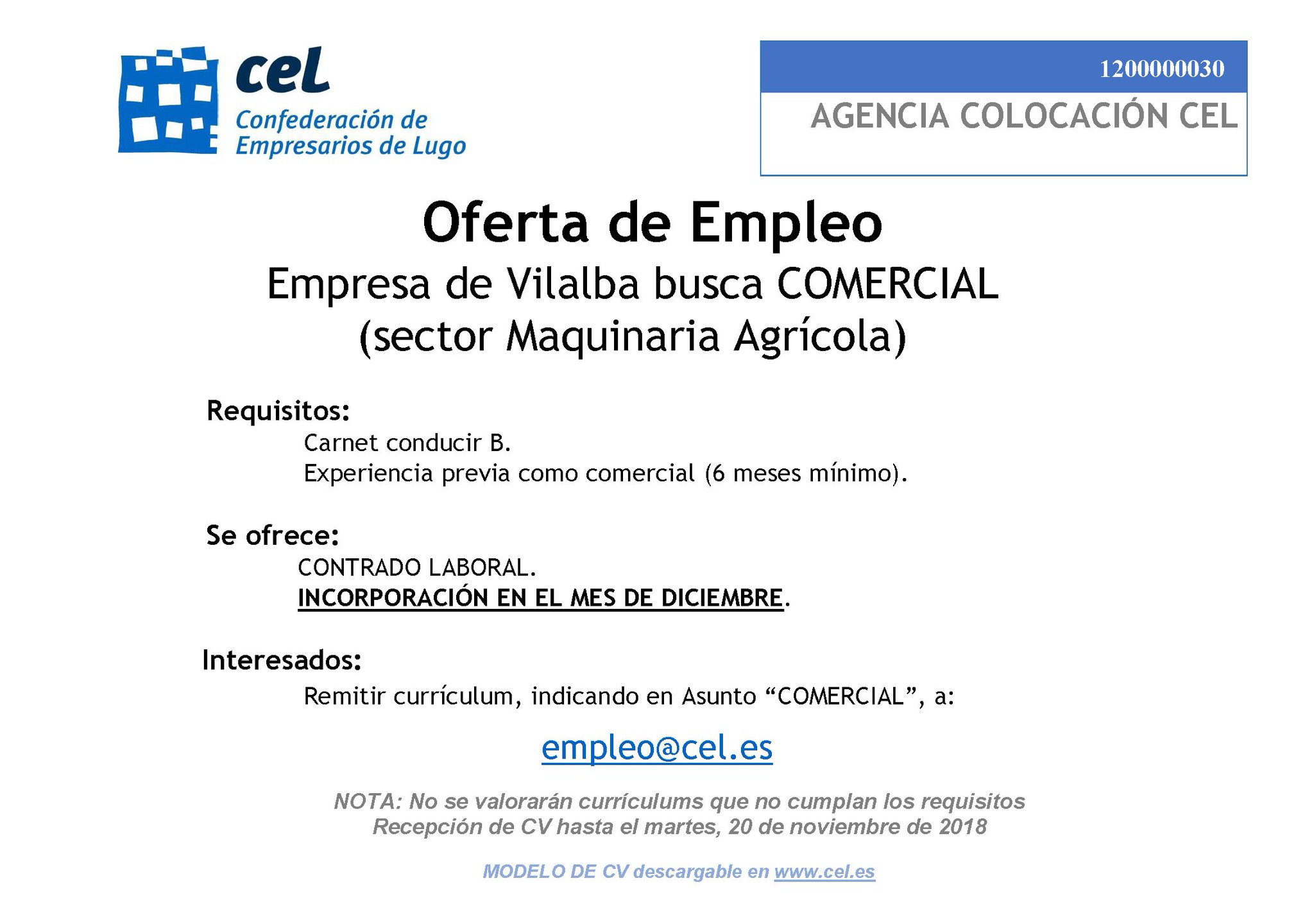 Cel Empresarios Lugo Twitterren Oferta De Empleo Empresa De Vilalba Del Sector De Maquinaria Agricola Busca Comercial Para Incorporacion Inmediata Interesad S Remitir Cv Modelo Descargable En T Co Ykacf1ci7f Empleo