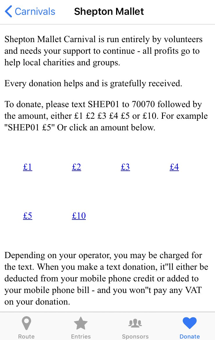 With thanks to <a href="/BrueValleyRT/">Brue Valley Rotary</a> Text Donate is available for <a href="/smcarnival/">Shepton Mallet Carnival</a> - All profits go to local charities &amp; groups. To donate, please text SHEP01 to 70070 followed by the amount, either £1 £2 £3 £4 £5 or £10. For example 'SHEP01 £5' Or use <a href="/CarniApp/">CarniApp Carnival Voting App</a>, where full details are shown.
