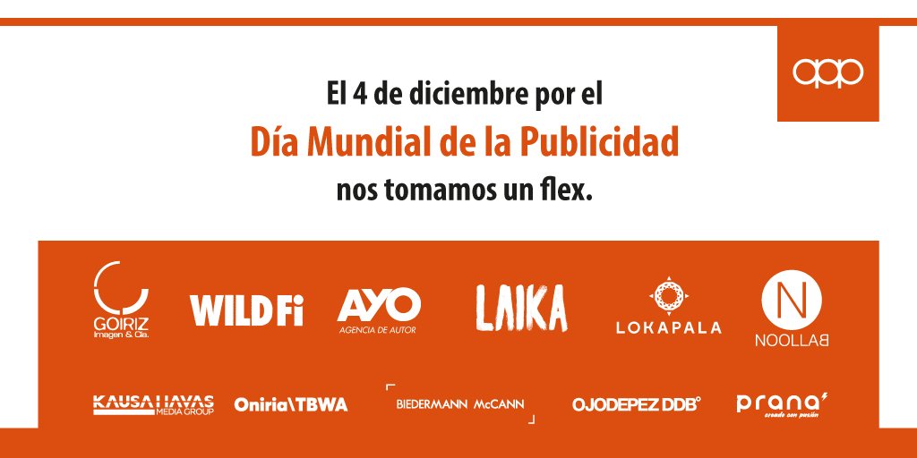 publicidad_py's tweet photo. ¡Desde este 4 de diciembre, incentivamos a nuestros miembros a adherirse a un flex day, por el Día Mundial de la Publicidad!
Estas son las Agencias que decidieron tomarse un flex ese día, para seguir inspirándose #apap2018 #diamundialdelapublicidad https://t.co/kylXXClLDw