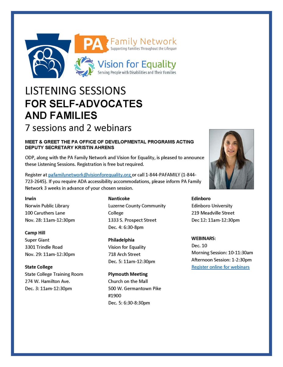 LisaTesle's tweet photo. Families and self-advocates, join us for the listening tour with ODP Deputy Secretary Kristin Ahrens. Come share what is happening in your Everyday Life, ask questions and share your concerns. Please register! #PaFamilyNetwork #EverydayLives #ODP https://t.co/v3vYIw3aUg