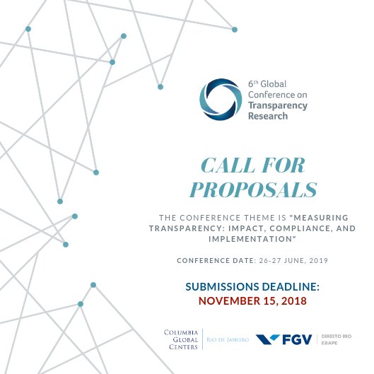 TransparencyRes's tweet photo. I love, you love, we all love transparency. #transparency2019 - Call open for panels and papers has been extended until tomorrow. 6th Global Conference on Transparency Research, co-hosted by FGV and Columbia Global Centers | Rio de Janeiro. https://t.co/TrwNblrscb https://t.co/aQVNGHxhzp