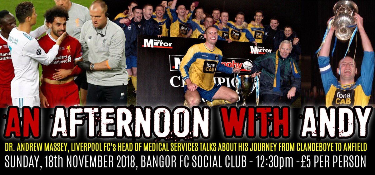 bangorfc's tweet image. This Sunday is a chance to hear from the current @LFC Head of Medical Services, Andy Massey. 

We’re delighted to confirm that interviewing @andy_massey will be novelist and screenwriter Colin Bateman. 

At only £5 per person, it’s an afternoon not to be missed.