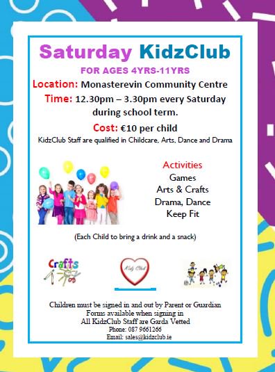 Not sure what to do with the children on these wintery weekends?? 🍃🌨️ Bring them along to one of our Saturday KidzClubs.  On in Lucan and Monasterevin. See flyer below 🖌️🎨🎭🤩