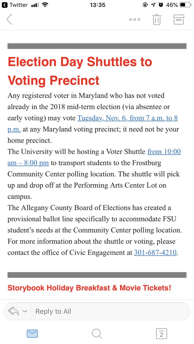 CSA_Frostburg's tweet image. ☑️Exercise your right to vote ☑️
Shuttles will be available Tuesday November 6, 10am -8pm; pick up and drop off at the Performing Arts Center parking lot.