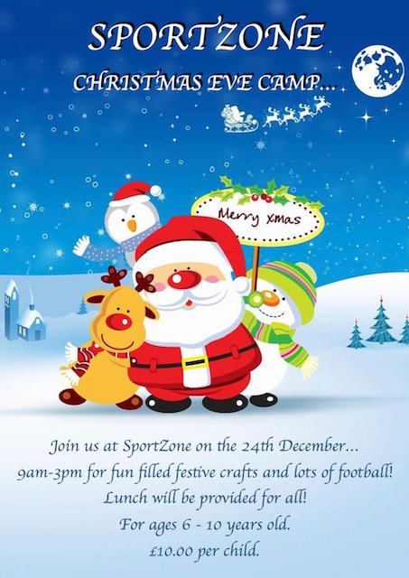 🎄🎅🏼LAST MINUTE CHRISTMAS SHOPPING??🎅🏼🎄
⛄️❄️LAST MINUTE CHRISTMAS PREPARATIONS ??❄️⛄️
LET US HELP WITH OUR CHRISTMAS EVE CAMP FULL OF FESTIVE FUN. RECEIVE OUR SPECIAL EARLY BIRD PRICE AT £8 FOR THE FIRST 10 BOOKINGS. 
BOOK NOW - 01274 668611 / email play@sportszonebradford.