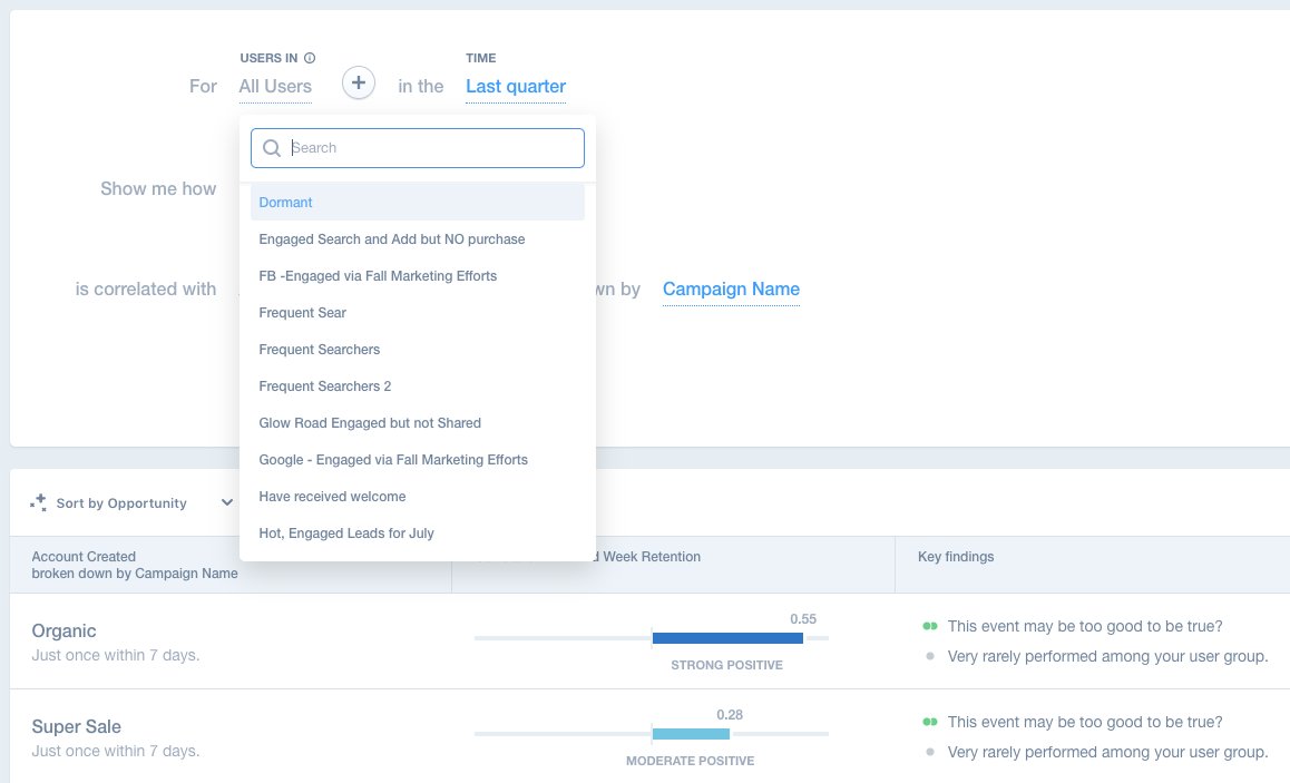 Cohorts are live in Signal! This makes it easy to analyze the behaviors that keep users retained, and learn what actions to steer users towards. Simply select the cohort to focus on, or set membership in a cohort as your goal action. #FeatureFriday bit.ly/2P4cBEJ