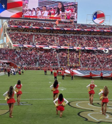 BREAKING NEWS: #Brave #49ers #Cheerleader #TakesAKnee during #NationalAnthem game against the #Raiders marks the first time an #NFL cheerleader publicly joined #ColinKaepernick protest against racial injustice. #BlackTwitter #BlackConservativeMovement #BLEXIT