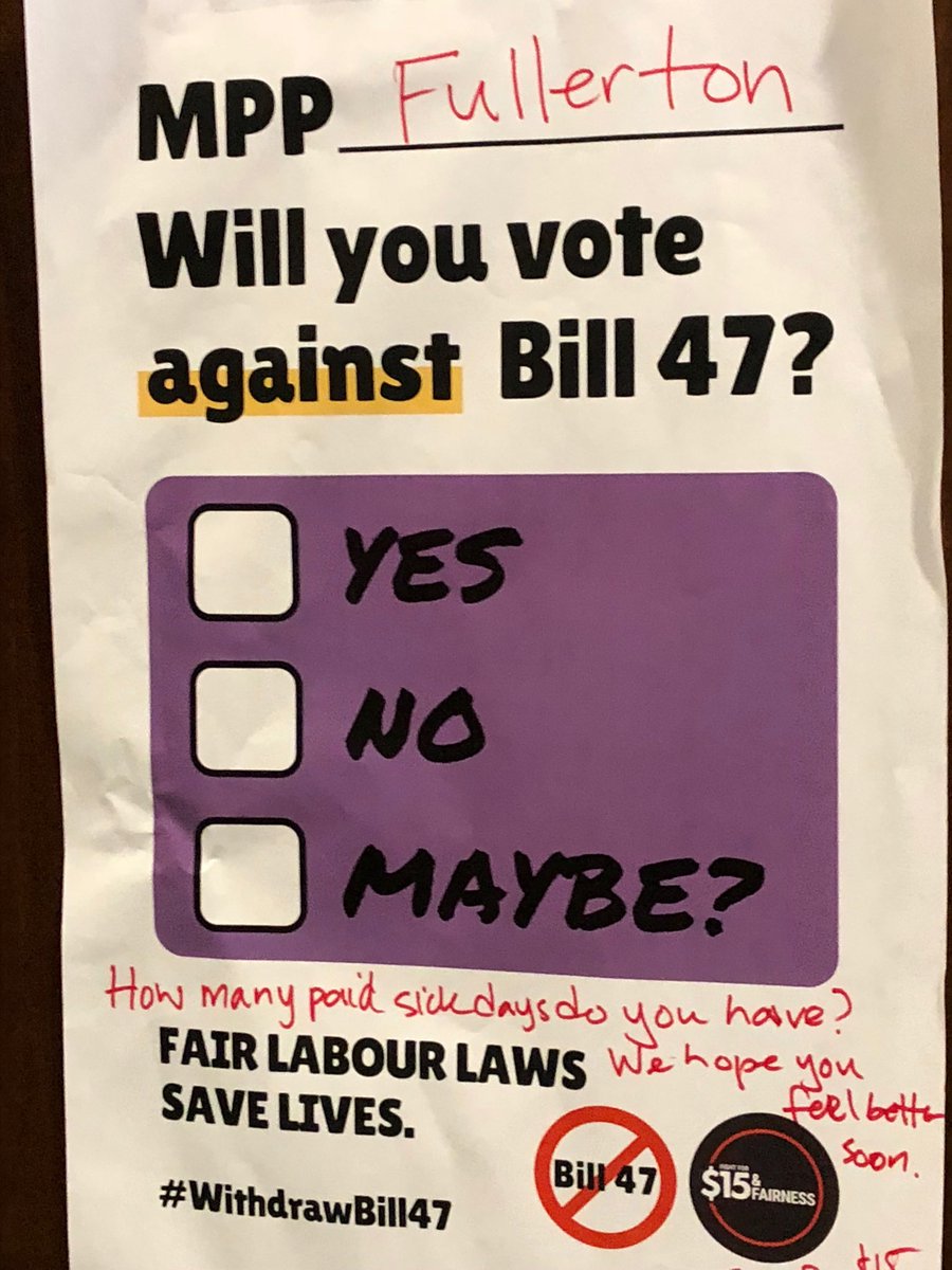 Sefpo470's tweet photo. Wondering why ⁦@DrFullertonMPP⁩’s office is closed today &amp; wondering how many paid sick days she enjoys. Hope she recovers quickly and that she recognizes the value of recovering Bill 148 on precarious workers’ health. #Onpoli #CAATA #15andfairness #equalpay #Fairness4CF https://t.co/x5RbADyW0E