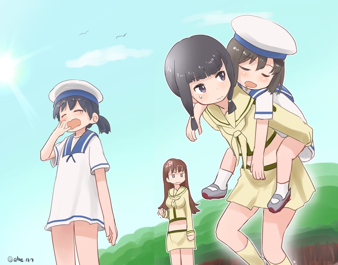 kitakami (kancolle) ,ooi (kancolle) piggyback black hair multiple girls hat carrying sidelocks dress  illustration images
