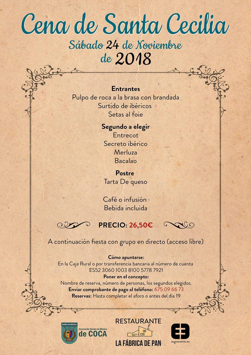 ¡Buenos días y feliz viernes! Como cada año, se aproxima la fiesta en honor a nuestra patrona, Santa Cecilia, y queremos que lo celebres con nosotros el próximo 24 de NOVIEMBRE. 😊🎶👇