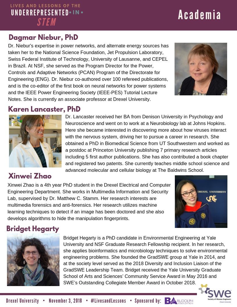 DrexelSWE's tweet photo. Read the bios for our #LivesandLessons panelists here! Have a specific question for one of them? Fill out the RSVP form or tweet us using: #LivesandLessons and #AcademicPanel or #IndustryPanel https://t.co/pMaYWHRhpj