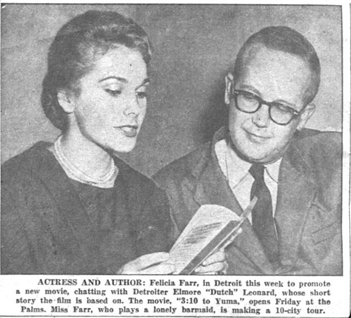 Elmore and Felicia Farr in 1957.
She was in Detroit on a press tour for 3:10 to Yuma.

Get on the Bus!  
The Elmore Leonard in Hollywood Tour
November 10, 2018

esotouric.com/elmore-leonard/