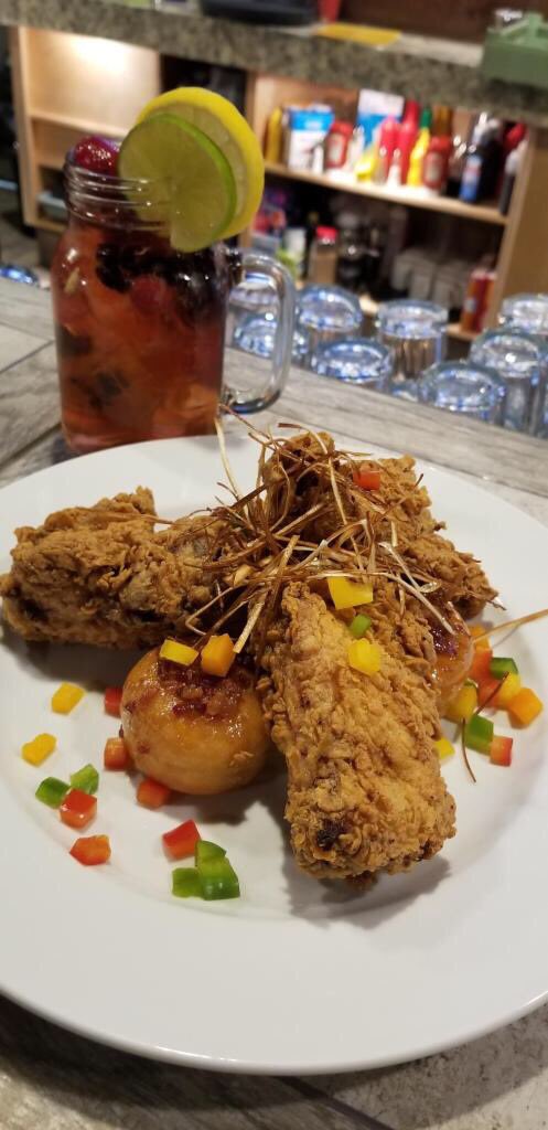 MMMM mouth watering deliciousness coming right up! Our Friday &amp; Saturday Chef's Feature is moist buttermilk fried chicken on top of a bed of the most tender maple bacon mini donuts, topped off with crunchy deep fried leeks. #Lacombe #foodporn #instapic #photooftheday #yummy