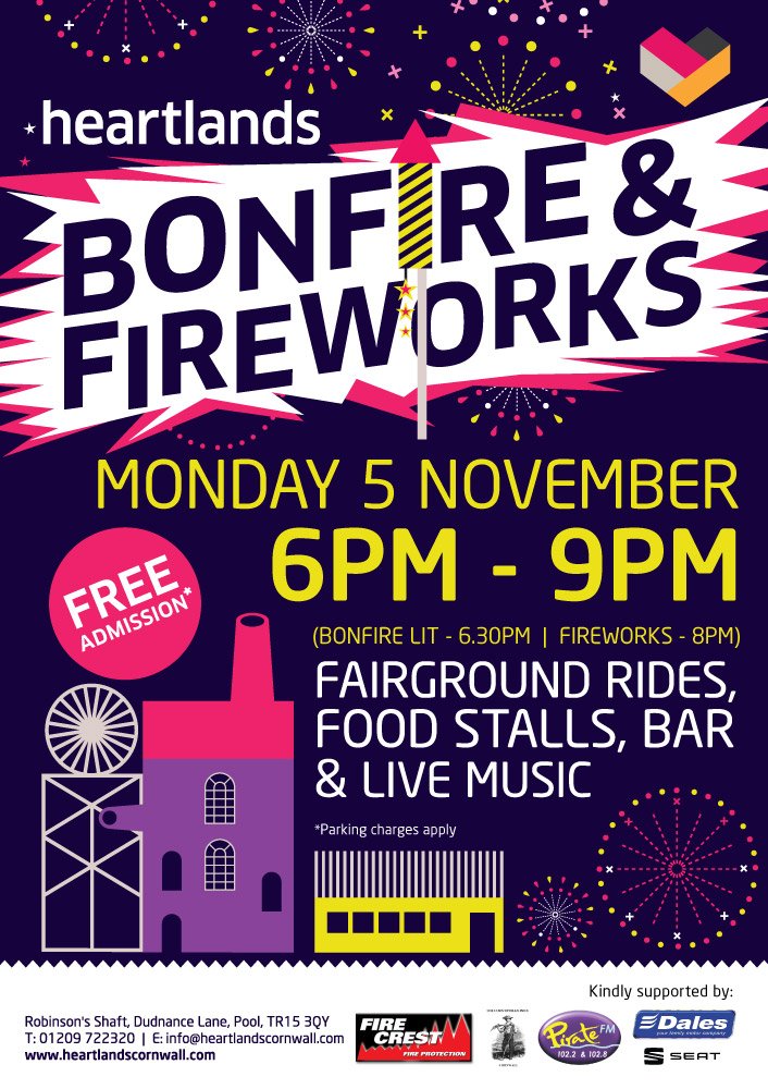 heartlandsuk's tweet photo. The biggest, best FREE #fireworks display in #Cornwall Monday 5 Nov @heartlandsuk Fairground rides, food stalls, bar & music with @RudisMessage Thanks to sponsors @DalesCornwall @CountrymanInn1 @firecrestfire @piratefm @Westfield_UK @C365WhatsOn @salty_songs @ILoveCornwallUK https://t.co/tX3YPqdVFK