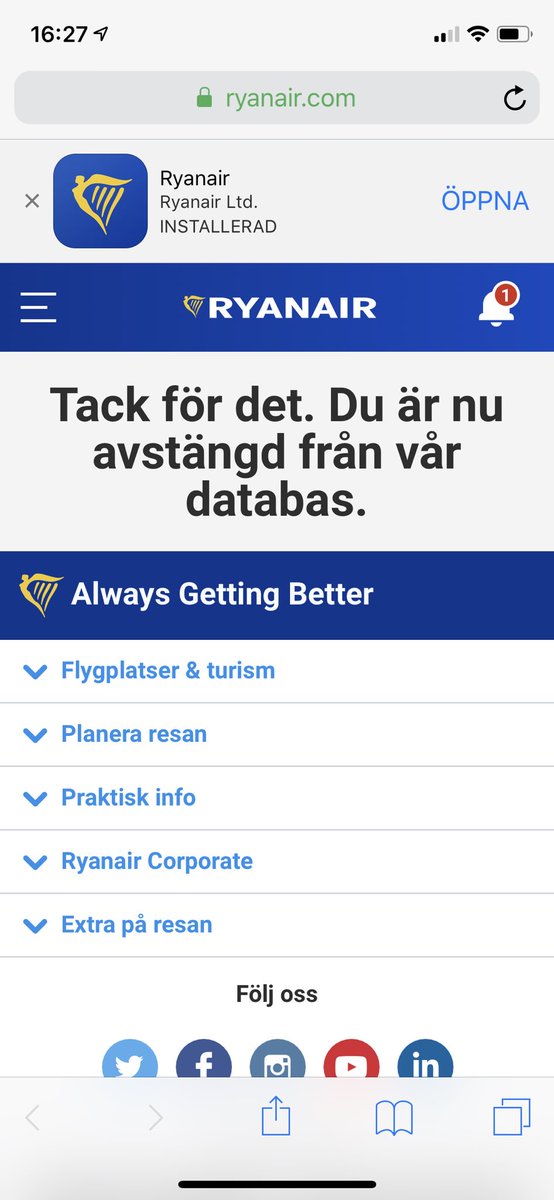 hlilja's tweet photo. Väl hård ton från Ryanair när man avregistrerar sig från deras mail-lista. https://t.co/o9FDAPI43u
