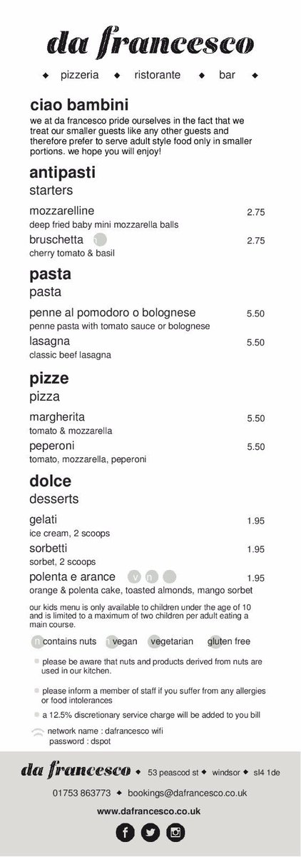 DaFrancescoWin's tweet photo. Here is our full range of menus. We do cater for gluten free as well and can cater for customers with intolerances and allergies conditions. 
#glutenfree #italianfood https://t.co/yhuluggMM3