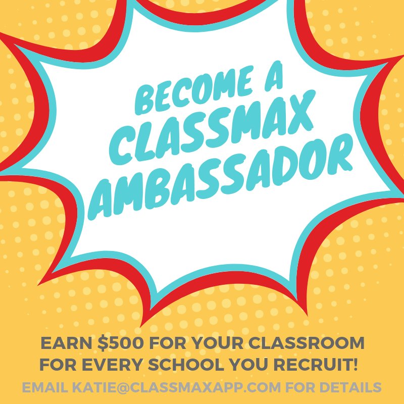 ClassMaxApp's tweet photo. Earn $500 for your classroom by becoming a #ClassMax Ambassador!  For more information...  https://t.co/zefBMSoj4e  #edtech  #pbis #teacherlife #teacher #sidehustle https://t.co/ylghGfmMMK