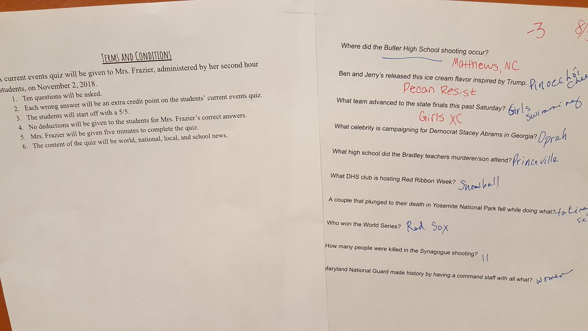 DHSEaglesEye's tweet photo. The tables were turned in Mrs. Frazier's Journalism class today. Instead of her giving the currents events quiz, she had to take it! She only had to get 5 of 10 questions right. 8 out of 10 ain't bad. #DHSlearns @DHS_Eagle https://t.co/rAjXr0b5nR