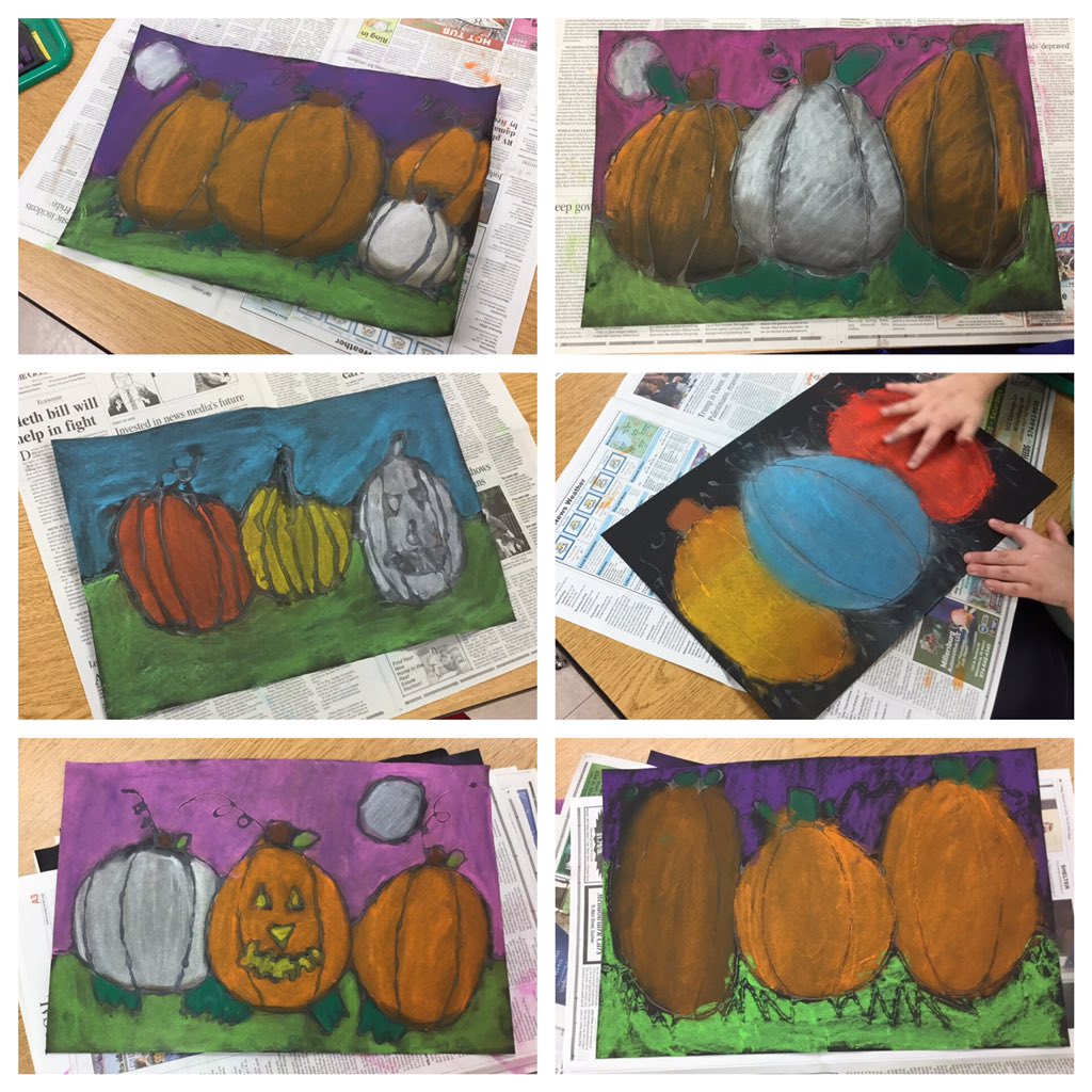 More glue resist pumpkins ❤️🎃 #4thgrade #chalkpastels #value #realistic