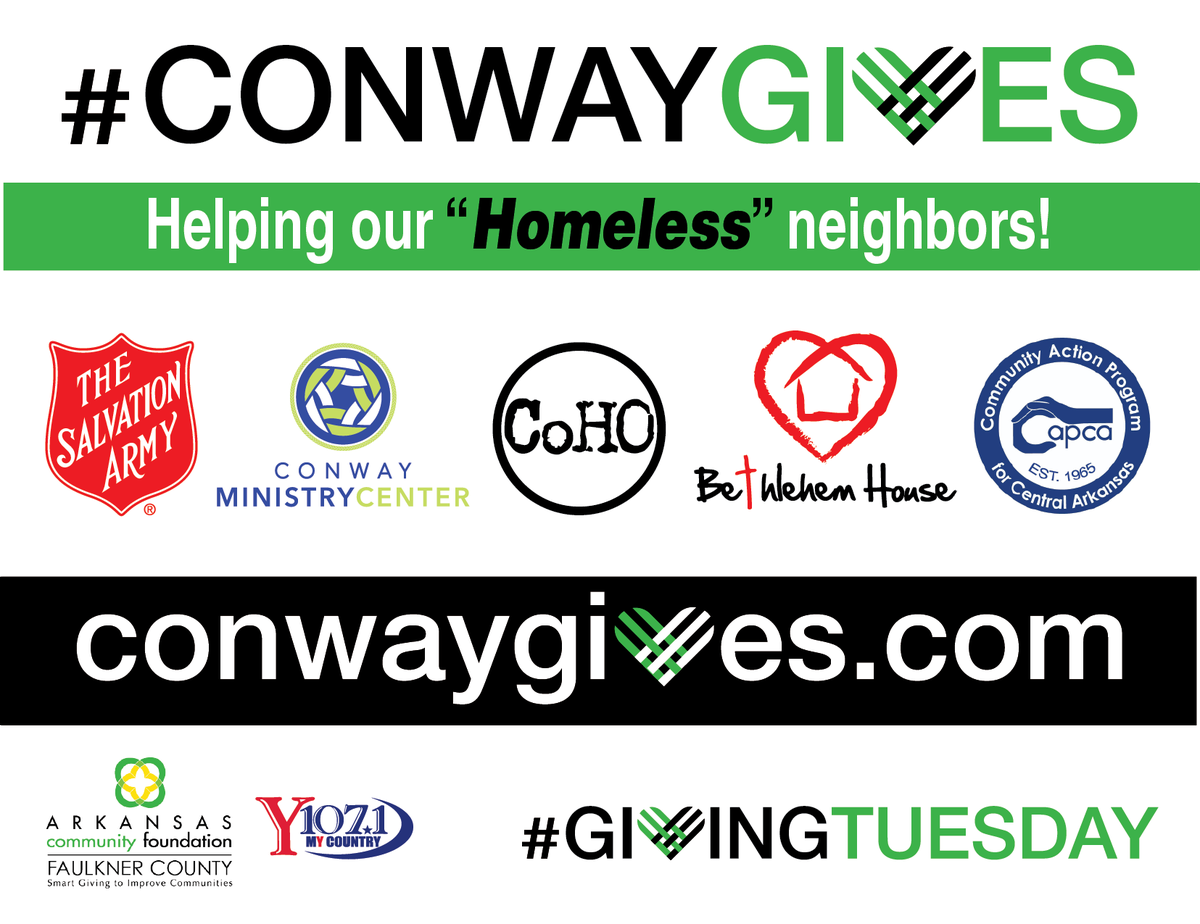 conway_cmc's tweet photo. November 27th - #CONWAYGIVES. We have been collaborating with other non-profits for weeks & now the entire city is coming together for one big day of giving to help our homeless neighbors. Follow #conwaygives and check out the website at https://t.co/aLiabD3Twk for more detials https://t.co/OxVCQYPnWu
