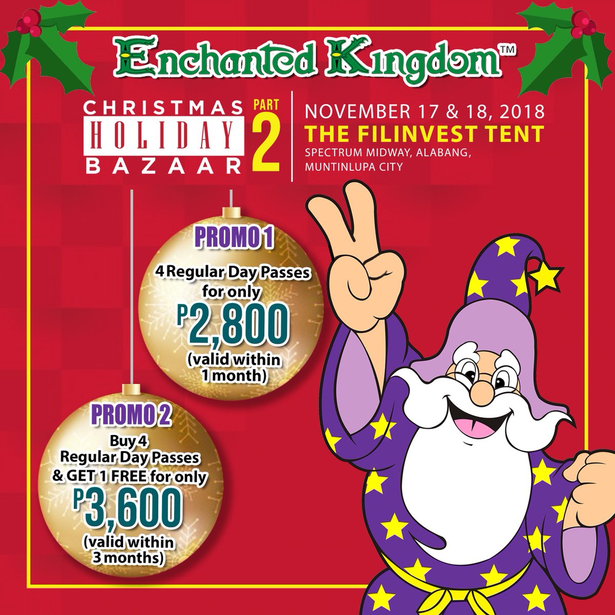 ek_philippines's tweet photo. #CatchEldar at the Christmas Holiday Bazaar Part 2 at the Filinvest Tent, Alabang on November 17 and 18, 2018!🎄
Give the gift of Magic this Christmas! Avail of these promos only available at the event! 🎁
#iloveEK #offsitepromos https://t.co/r1JY5utzqi