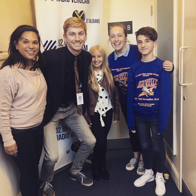 StAlbansMusical's tweet photo. Thank you @radioverulam @danielbury27 and @leonafenzo for having our some of cast on the show to talk all things Chitty! 
Tickets are selling fast! So book yours:
https://t.co/O2xr28CtWF
01727844488

#ccbb #musical #samtc #bookyourtickets #hertfordshire #trulyscrumptious https://t.co/sL1vq0rjR3