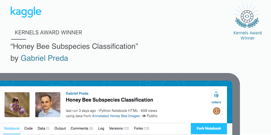 kaggle's tweet photo. This week's #KernelAwards winner uses the Annotated Honey Bee Images dataset to train a model to classify subspecies of bees: https://t.co/dH9uV7xDDG https://t.co/1QFloivDxf