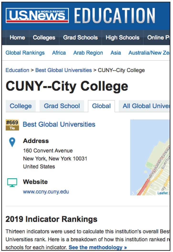 Screenshot of CCNY entry among US News and World Report Education 2019 rankings of 75 nations' schools