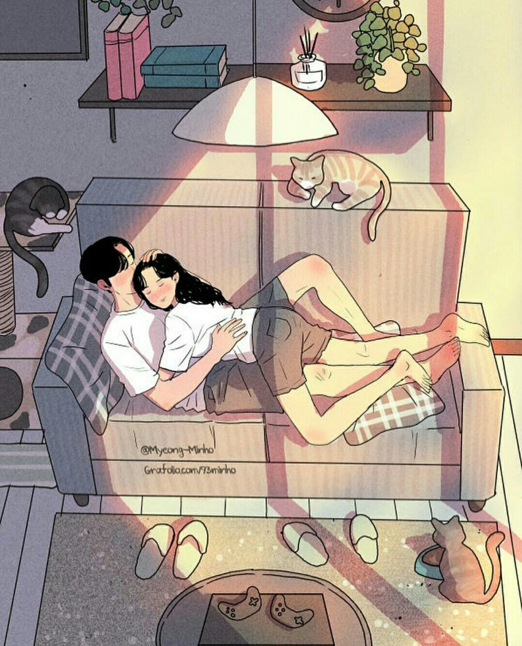 Снится жить вместе. Художника Myeong-Minho. Арт рисунок девушка и парень. Арты парочки на диване. Жить вместе арт.