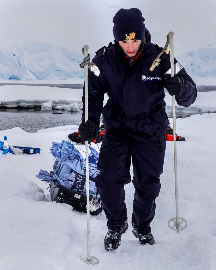 Our Gunnery Officer hauling gear ashore at Port Lockroy yesterday.