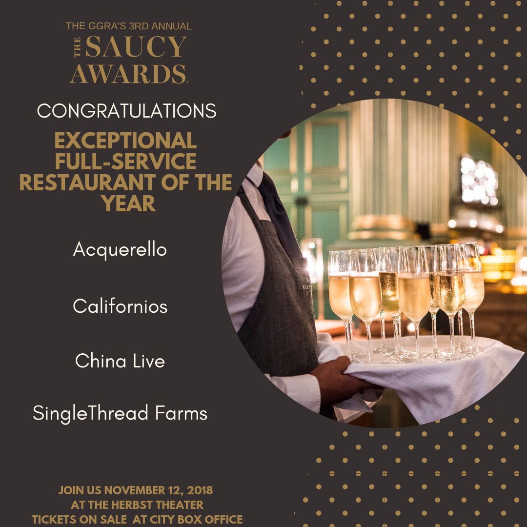 What a lineup! Congratulations to #SaucyAwards nominees for Exceptional Full-Service Restaurant of the Year: @chinalivesf, <a href="/CaliforniosSF/">Californios</a>, <a href="/ST_Farms/">SingleThread Farm - Restaurant - Inn</a>, &amp; <a href="/acquerellosf/">ACQUERELLO</a>

Join us on Nov 12: bit.ly/2SuiA3C
#Saucys18