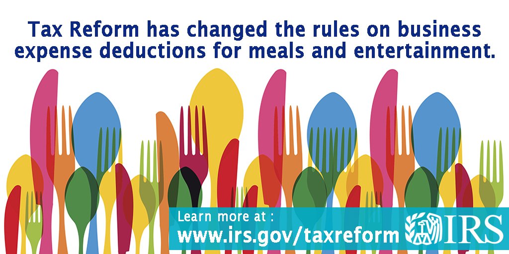 IRSnews's tweet photo. #TaxReform has changed the business expense deductions for meals and entertainment. See new #IRS guidelines at https://t.co/0XS7m1RDqn https://t.co/1sNtZQJgy7