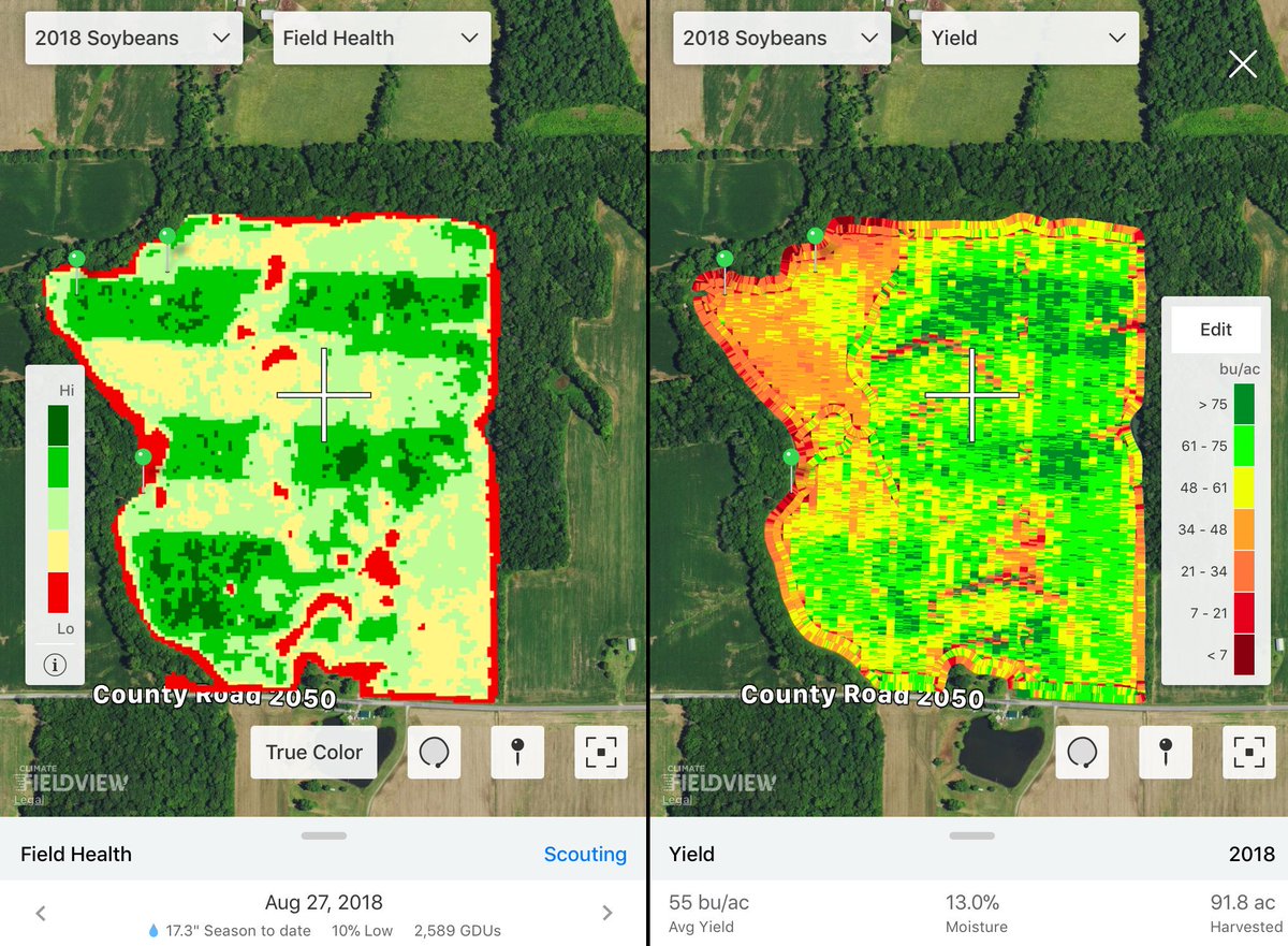 PrinsAaron's tweet photo. While the rain may keep us from what's left of #harvest18. It gives us an opportunity to sit down and analyze some #yield data. @FieldView makes it easy to keep track of on-farm trials. Soybean fungicide paid big on this one! https://t.co/eCfUan3hpt