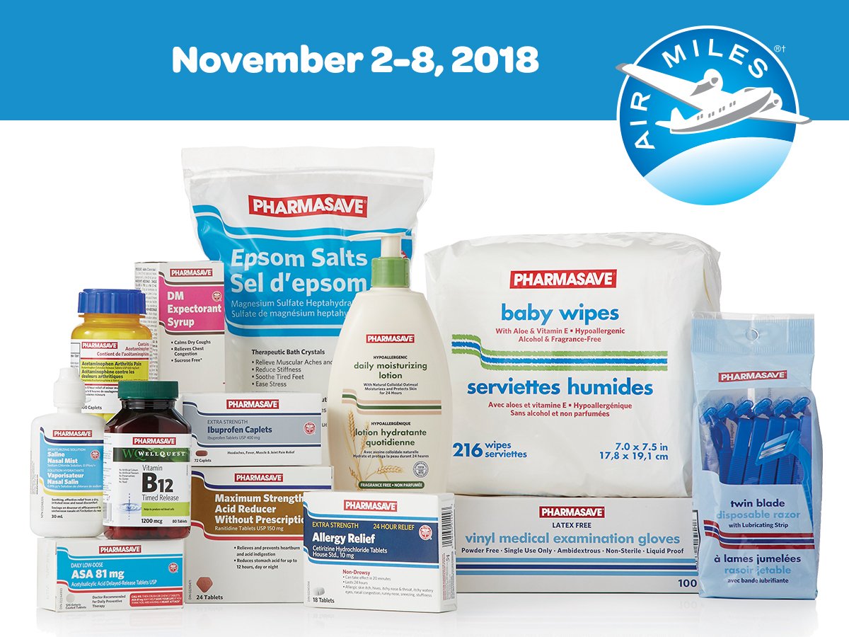 From November 2 to 8, you can get up to 95 Bonus Miles with the purchase of Pharmasave Brand products! 3 products = 12 Bonus Miles / 5 products = 30 Bonus Miles / 10 products = 95 Bonus Miles. Some exclusions apply. See store for details. #AIRMILES #LiveWellwithPharmasave