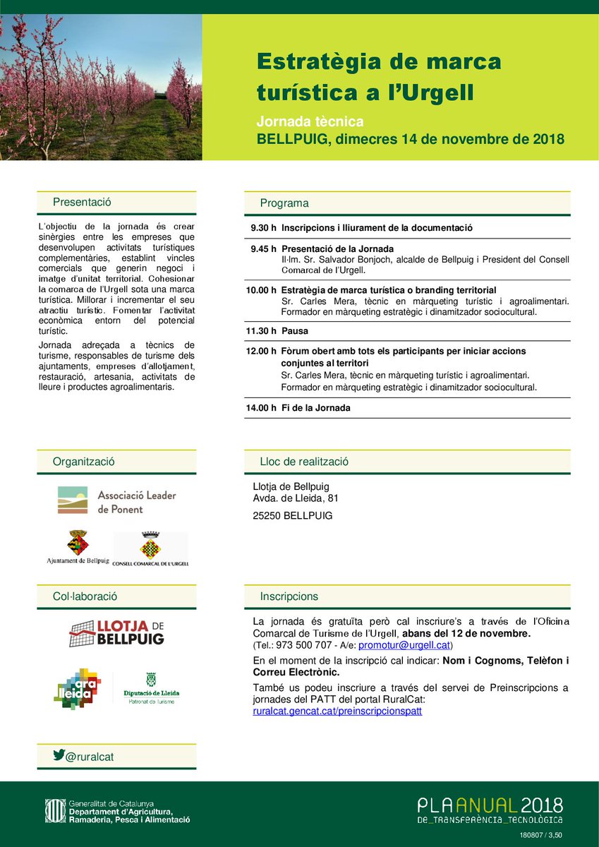 Ruralcat (@ruralcat) on Twitter photo 📌Jornada tècnica "Estratègia de marca turística a l’Urgell" el 14/11 a les 9.30h a Bellpuig. #PATT2018 <a href="/agriculturacat/">Agricultura</a> <a href="/Ajbellpuig/">Ajuntament Bellpuig</a> <a href="/leaderponent/">Leader Ponent</a> <a href="/aralleida/">Ara Lleida</a> <a href="/DiputacioLleida/">Diputació de Lleida</a> ℹ️ bit.ly/2QfbRJz 📌Jornada tècnica "Estratègia de marca turística a l’Urgell" el 14/11 a les 9.30h a Bellpuig. #PATT2018 <a href="/agriculturacat/">Agricultura</a> <a href="/Ajbellpuig/">Ajuntament Bellpuig</a> <a href="/leaderponent/">Leader Ponent</a> <a href="/aralleida/">Ara Lleida</a> <a href="/DiputacioLleida/">Diputació de Lleida</a> ℹ️ bit.ly/2QfbRJz