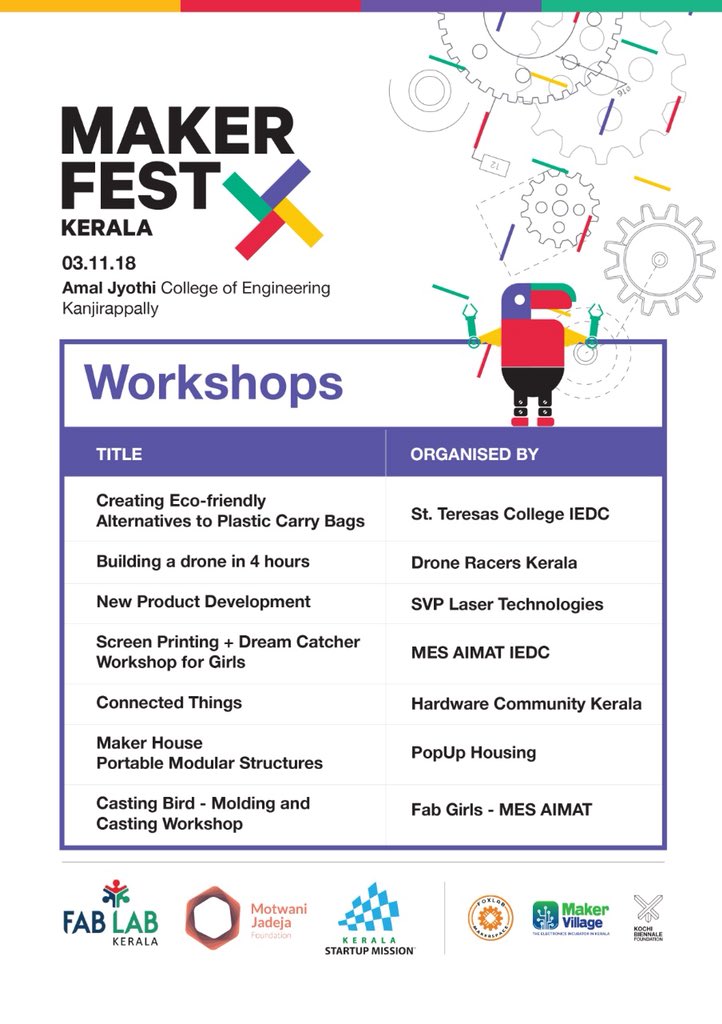 startup_mission's tweet photo. Check out the exciting workshops at #MakerFestKerala. #KSUM #MakerFest #IEDC #IEDCSummit @ashajadeja @FabLabCEPT @KochiBiennale @fablab @FoxLab_MS @makerfaire https://t.co/pRq1orfVy1