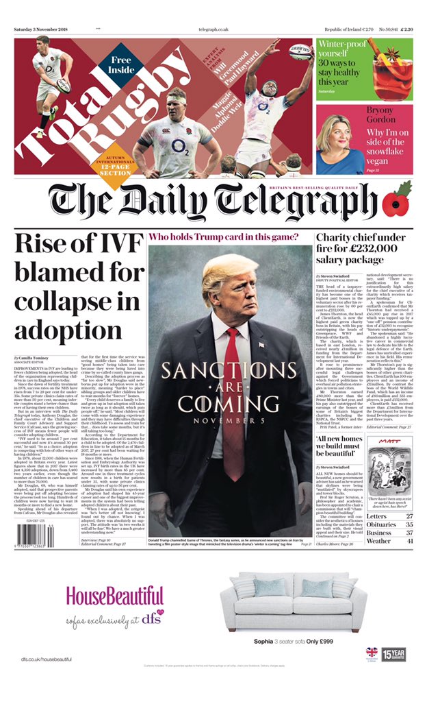 Saturday's Telegraph: "Rise of IVF blamed for collapse in adoption" (via @MsHelicat) #tomorrowspaperstoday