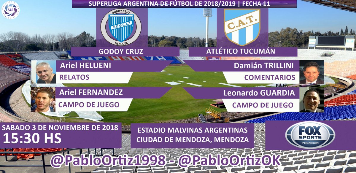PabloOrtizOK's tweet photo. #SuperligaxFOX  | #GodoyCruz vs. #AtléticoTucumán
Relata: @aruli75 | Comenta: @dtrillini 
Campo de Juego: @afernandez82 y Leonardo Guardia
#Torneos
Dale RT https://t.co/KjEBoEE9o0