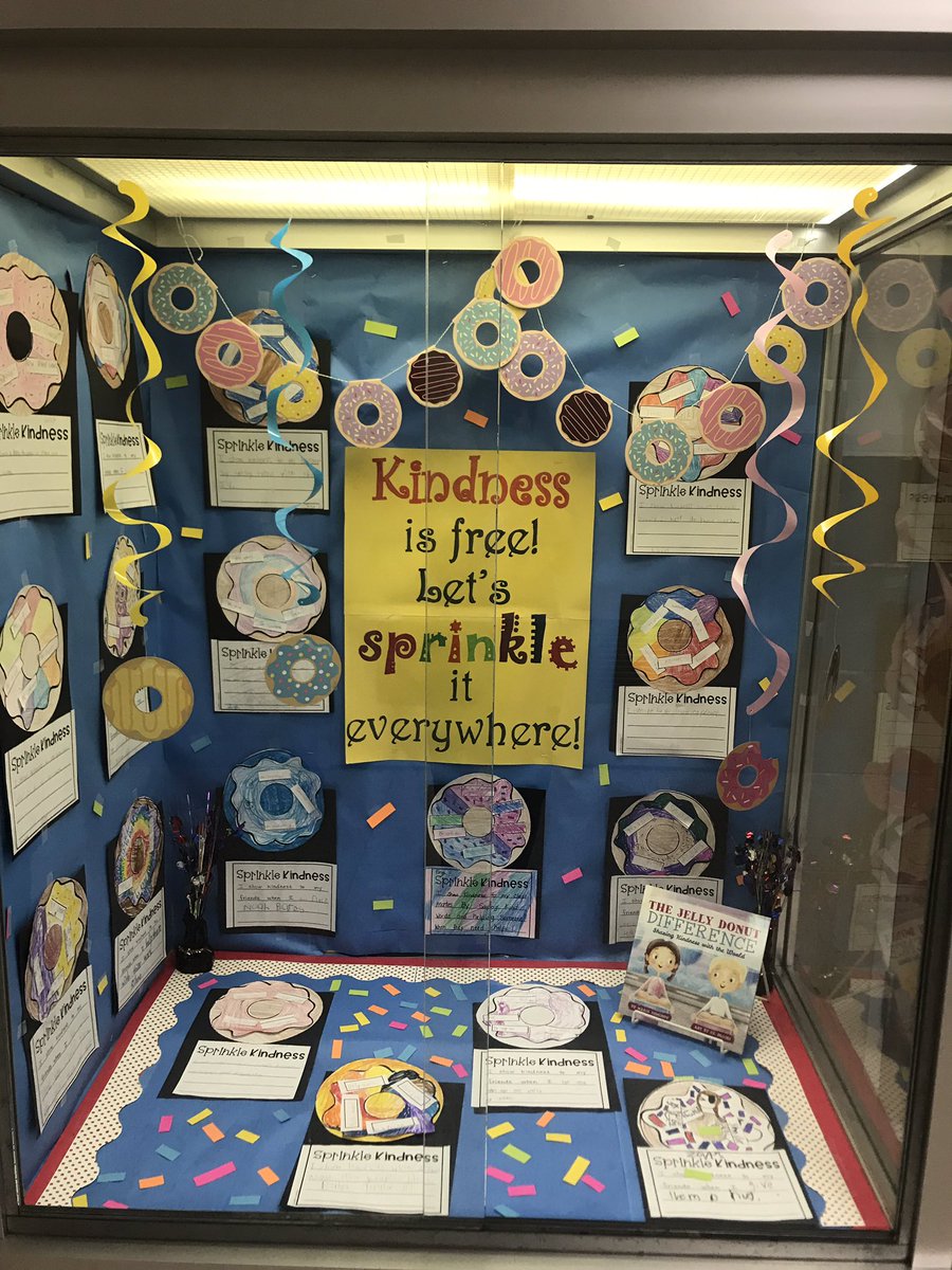 Our amazing Librarian/Media Specialist Mrs. Benner created a beautiful display case! #sprinklekindness @MilbrookSchool