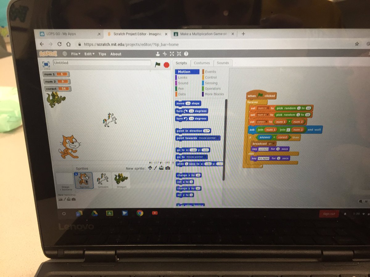aleaglen's tweet image. Check out the code this 4th grader is writing to create a multiplication game! @lightallstars @MickiLovesMath @scratch @GoshenPostES #LCPS19 #lcpscodes