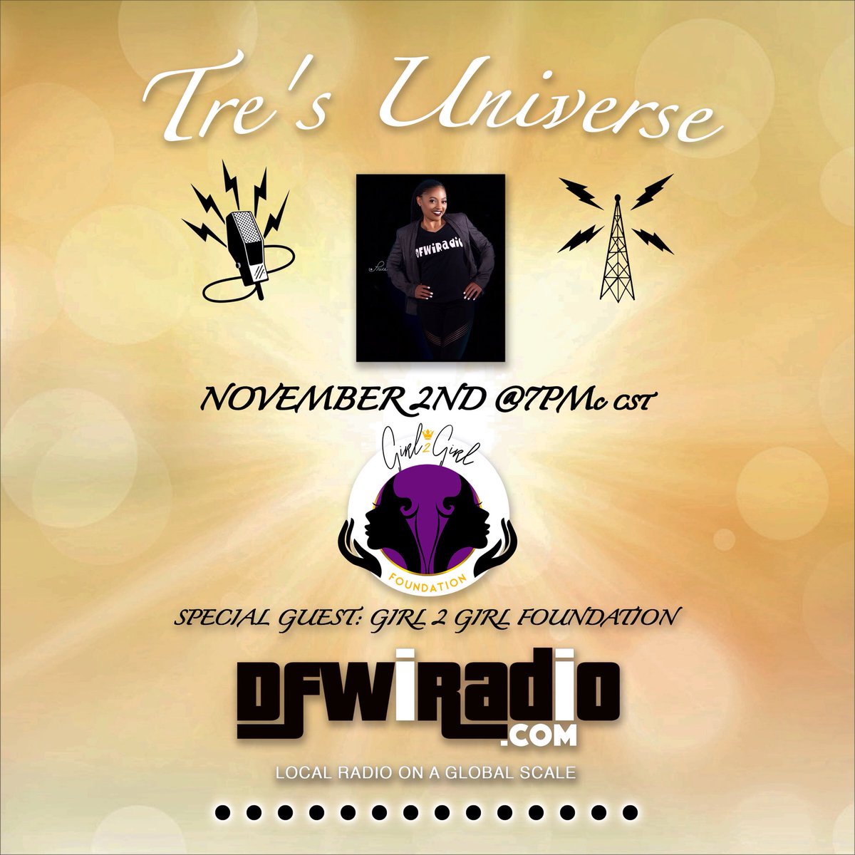 Trenisha5's tweet photo. Everyone, please join Tre’s Universe @7pm CST on https://t.co/fsTO12t8lk to hear about a foundation called Girl 2 Girl Foundation. #foundation #dfwiradio #tresuniverse #onlineradio #nonprofitorganization #agency https://t.co/TFhOQHDRIu