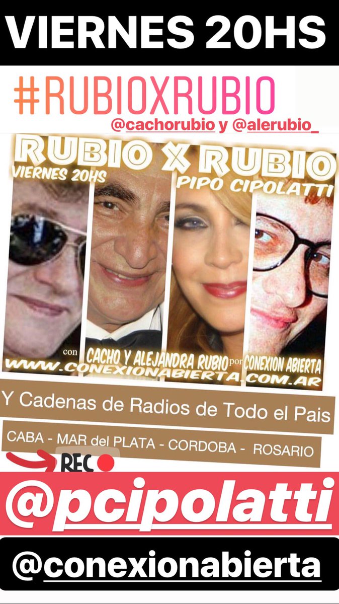 ALERUBIO_'s tweet photo. ❤️⭐️#IMPERDIBLE⭐️❤️
#HOY 20hs #RUBIOxRUBIO con @CachoRubio_ y @ALERUBIO_ junto al #GRAN @pcipolatti x @conexionabierta Canal 29.1 TDA #TvRebelde y Radios d x Todo el Pais
#ComoNuncaLoEscuchaste
❤️LOS ESPERAMOS❤️
.
▶️ https://t.co/KapWwxSWAa https://t.co/YSTHVvz2mU